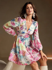 Isabella V-Neck Balloon Sleeve Floral Print Vacation Elegant Dress