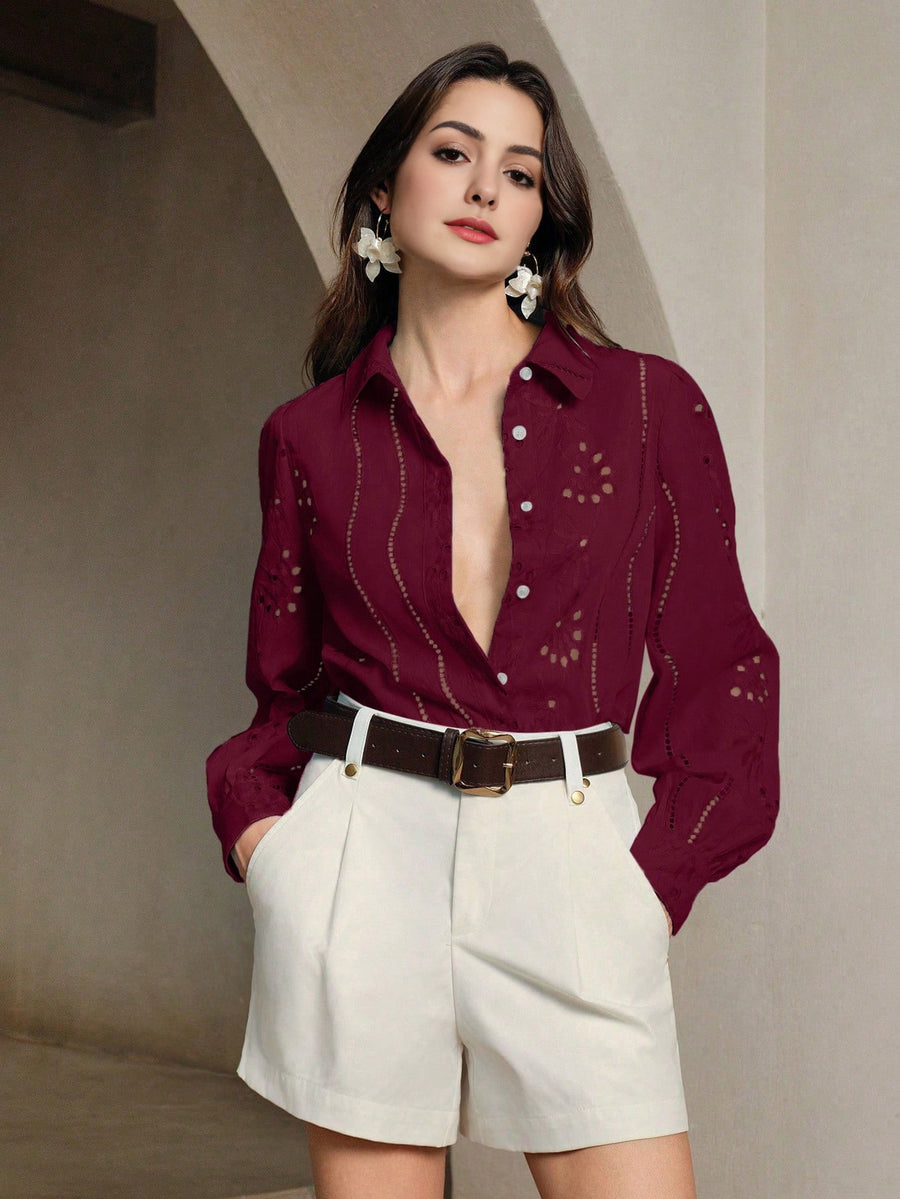 Isabella Lapel Long Sleeve Hollow Embroidery Casual Shirt