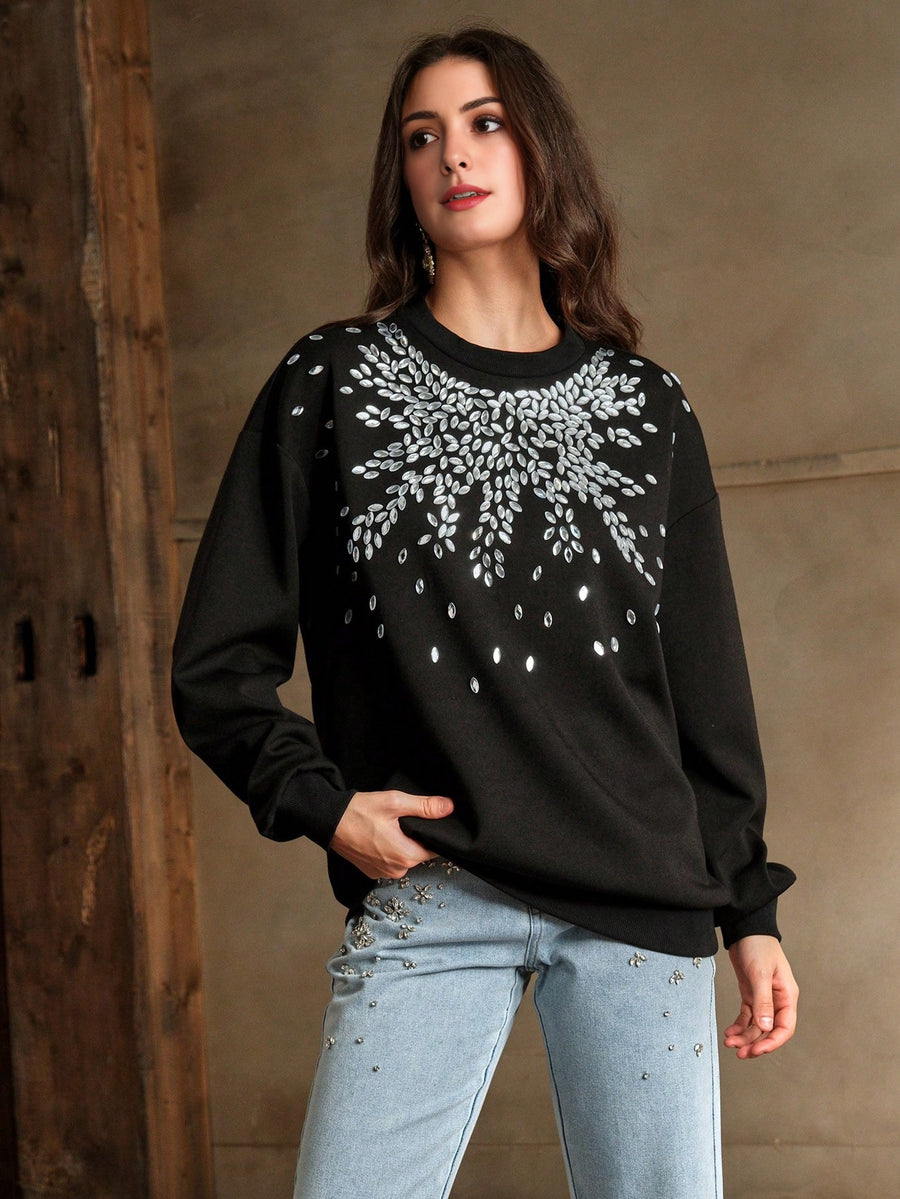 Isabella Women's Chic Rhinestone Decor Pullover Sweatshirt