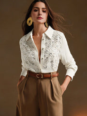 Isabella Casual Apricot Floral Applique Collar Long Sleeve Sequin Splice Chiffon Blouse