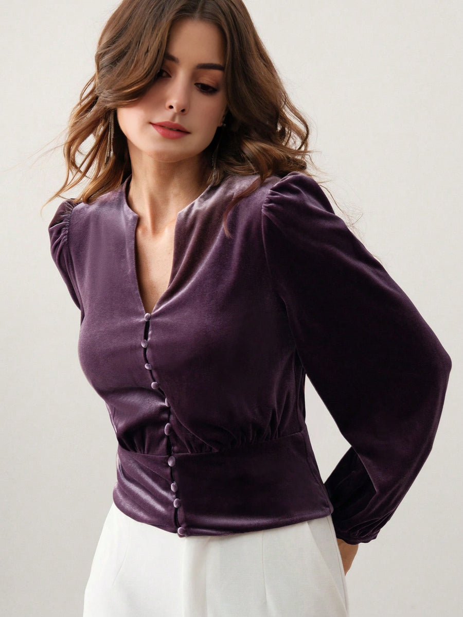 Isabella Velour Cinched Waist Fashionable Elegant Blouse