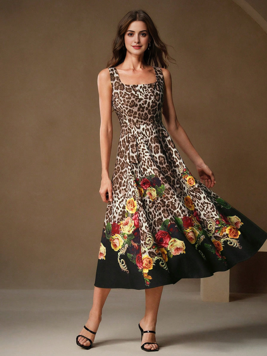 Isabella Leopard Floral Print Spaghetti Strap Midi Dress