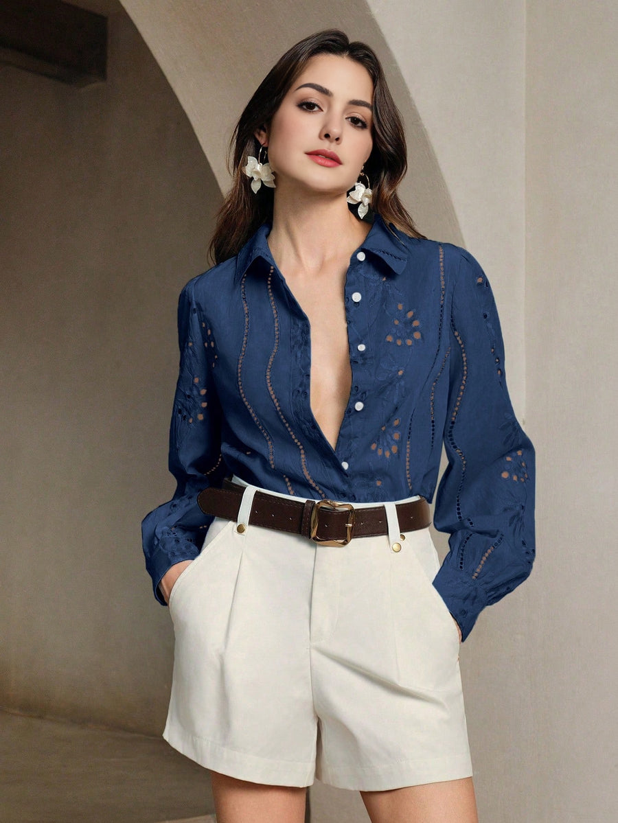 Isabella Lapel Long Sleeve Hollow Embroidery Casual Shirt