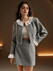 Isabella 2pcs Set: Crew Neck Pearl Embellish Patchwork Jacket + Skirt