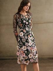 Isabella Crew Neck Long Sleeve Slit 3D Floral Vacation Casual Dress