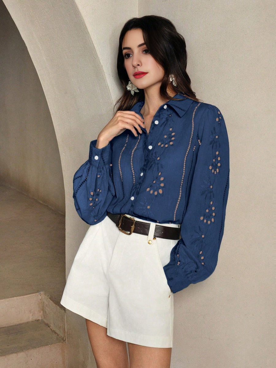 Isabella Lapel Long Sleeve Hollow Embroidery Casual Shirt