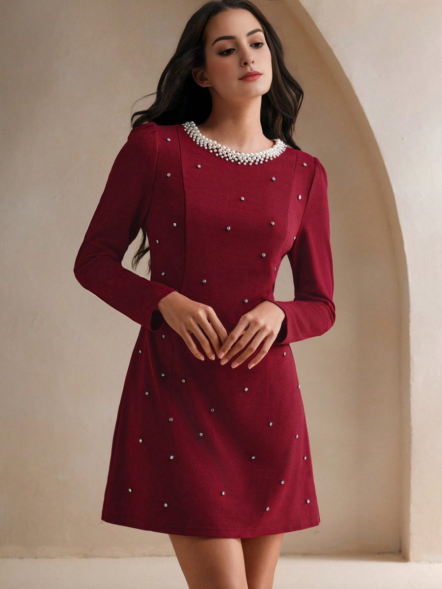 Isabella Rhinestone & Pearl Decor Waisted Slimming Elegant Dress