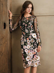 Isabella Crew Neck Long Sleeve Slit 3D Floral Vacation Casual Dress