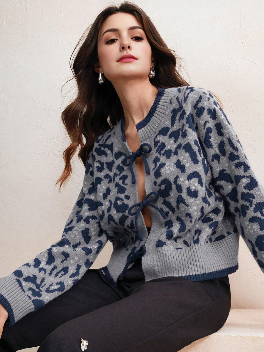 Isabella Leopard Print Lace-Up Elegant Knit Cardigan