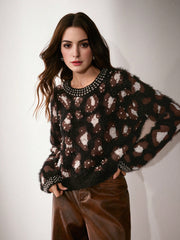 Isabella Leopard Print Beaded Crew Neck Long Sleeve Sweater