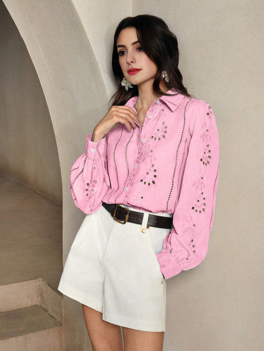 Isabella Lapel Long Sleeve Hollow Embroidery Casual Shirt