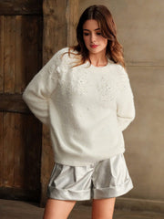 Isabella Crystal & Lace Decor 3D Floral Knitted Loose Fluffy Sweater