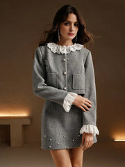 Isabella 2pcs Set: Crew Neck Pearl Embellish Patchwork Jacket + Skirt