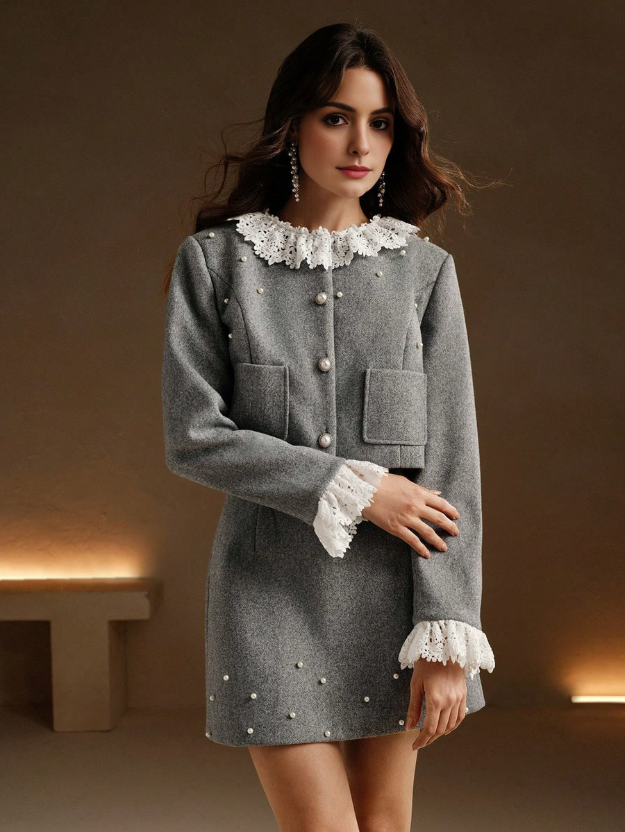 Isabella 2pcs Set: Crew Neck Pearl Embellish Patchwork Jacket + Skirt