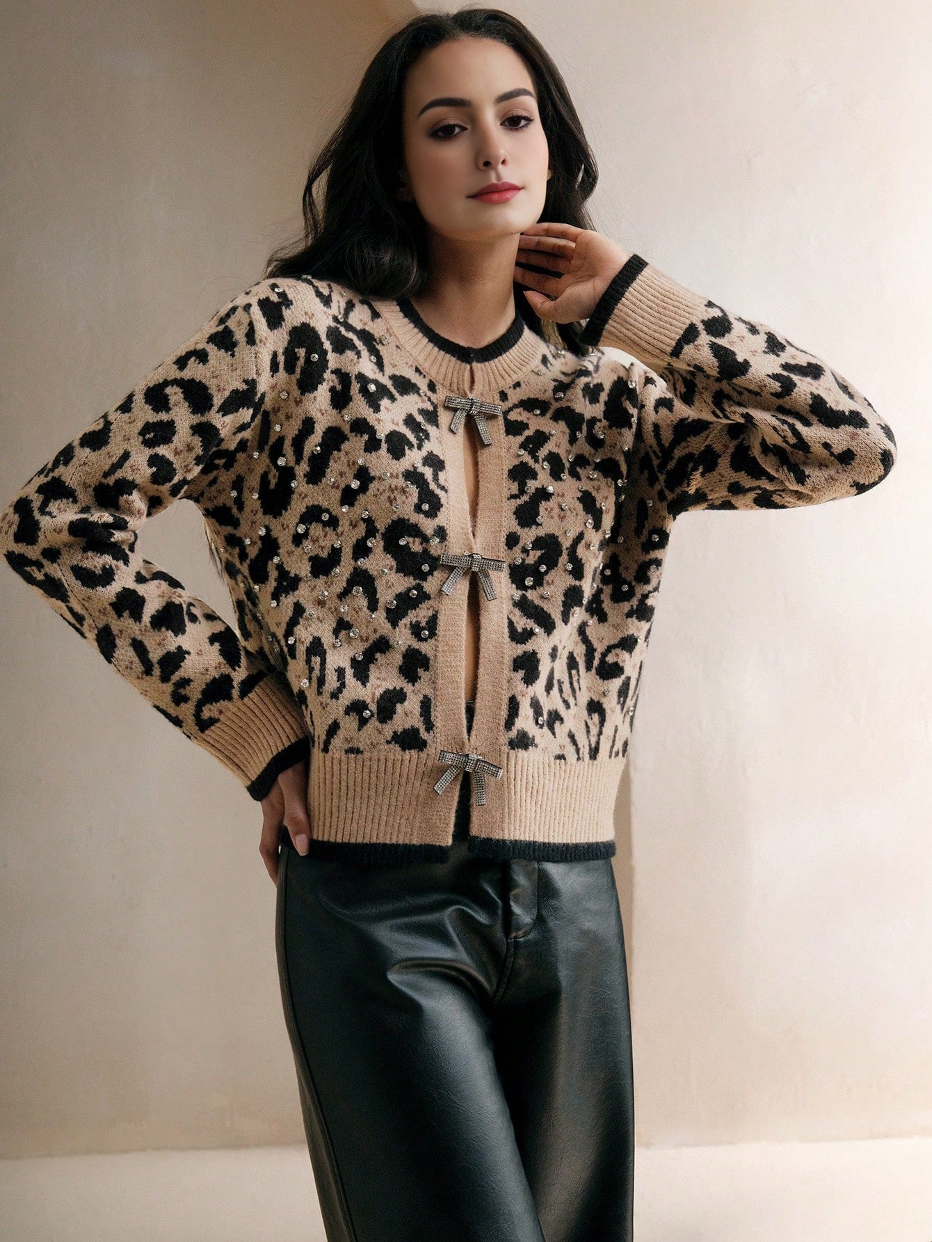 Isabella Stylish Bow Knot Rhinestone Vintage Leopard Knit Cardigan