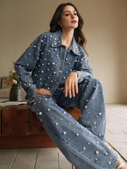 Isabella Elegant Pearl & Rhinestone Decorated Denim Blouse