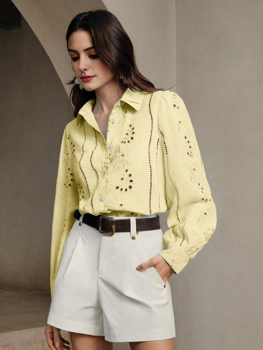 Isabella Lapel Long Sleeve Hollow Embroidery Casual Shirt