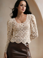 Isabella Elegant Hollow Out Retro Crochet Lantern Sleeve Blouse