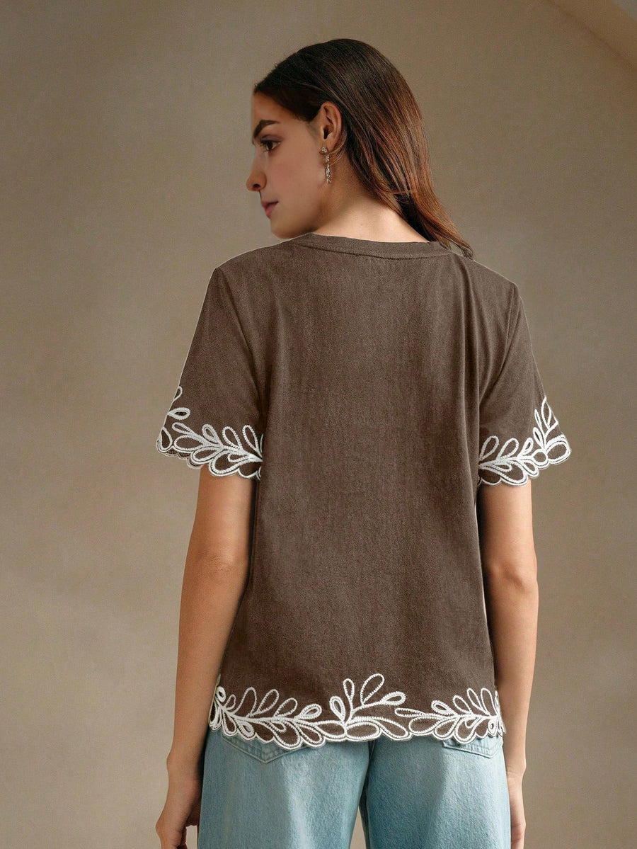 Isabella Embroidered Round Neck Short Sleeve Casual Vacation Blouse