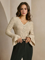 Isabella Sexy Hollow V-Neck Flare Sleeve Elegant Blouse