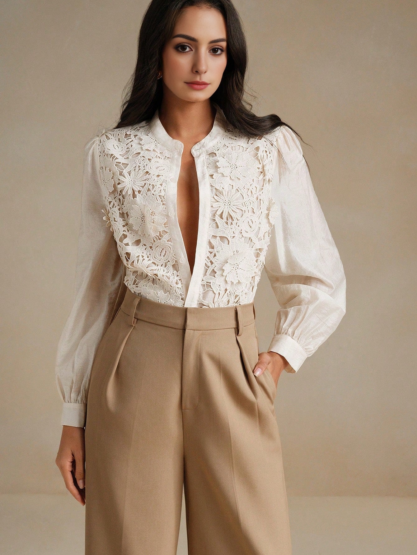 Isabella Long Sleeve Hollow Out Embroidery Elegant Blouse