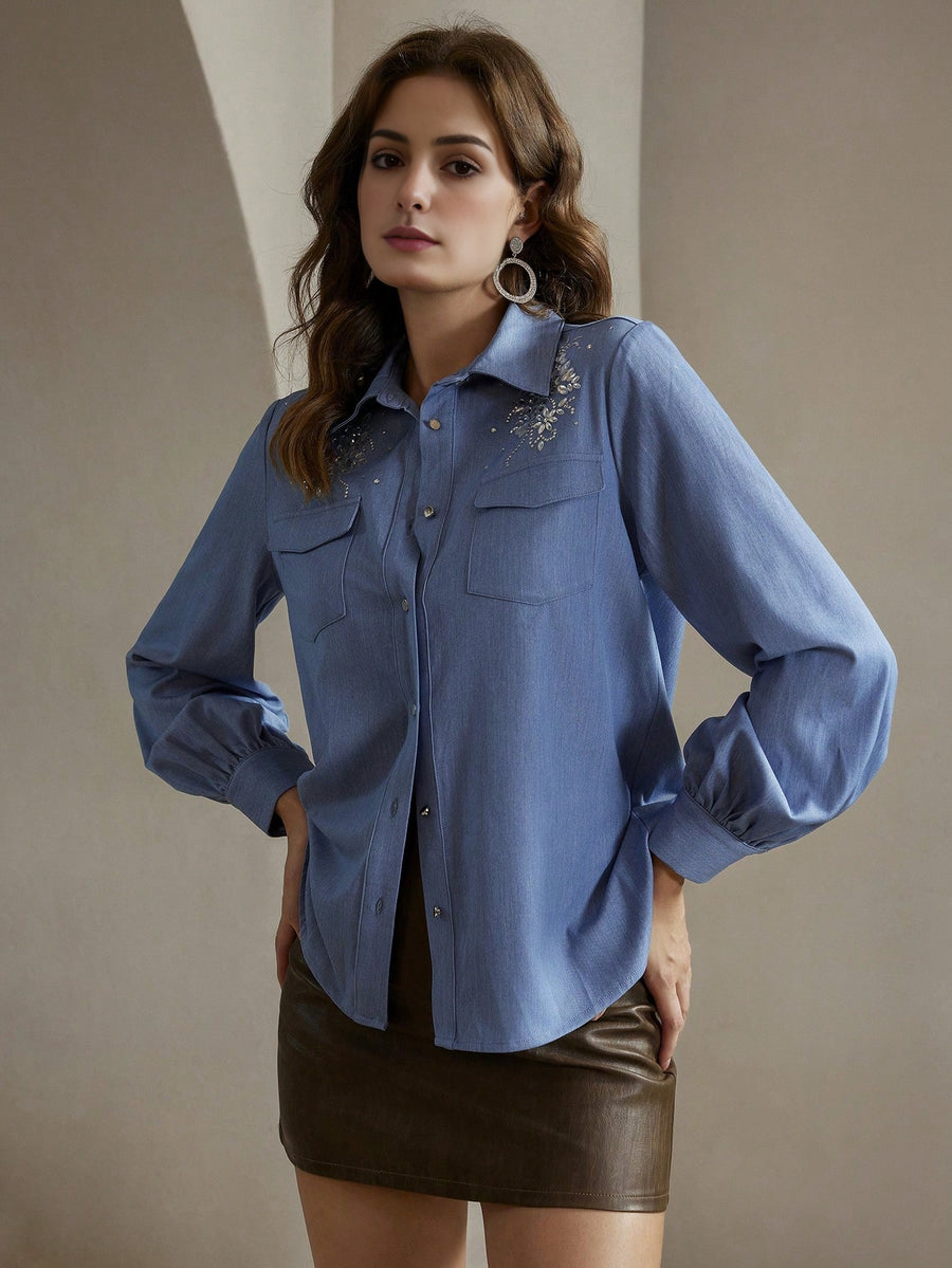 Isabella Modern Rhinestone Embellished Casual Denim Shirt