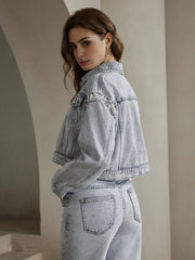 Isabella Rhinestone Embellished Denim Long Sleeve Utility Jacket