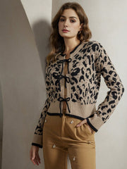 Isabella Leopard Print Lace-Up Elegant Knit Cardigan