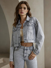 Isabella Rhinestone Embellished Denim Long Sleeve Utility Jacket