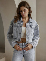 Isabella Rhinestone Embellished Denim Long Sleeve Utility Jacket