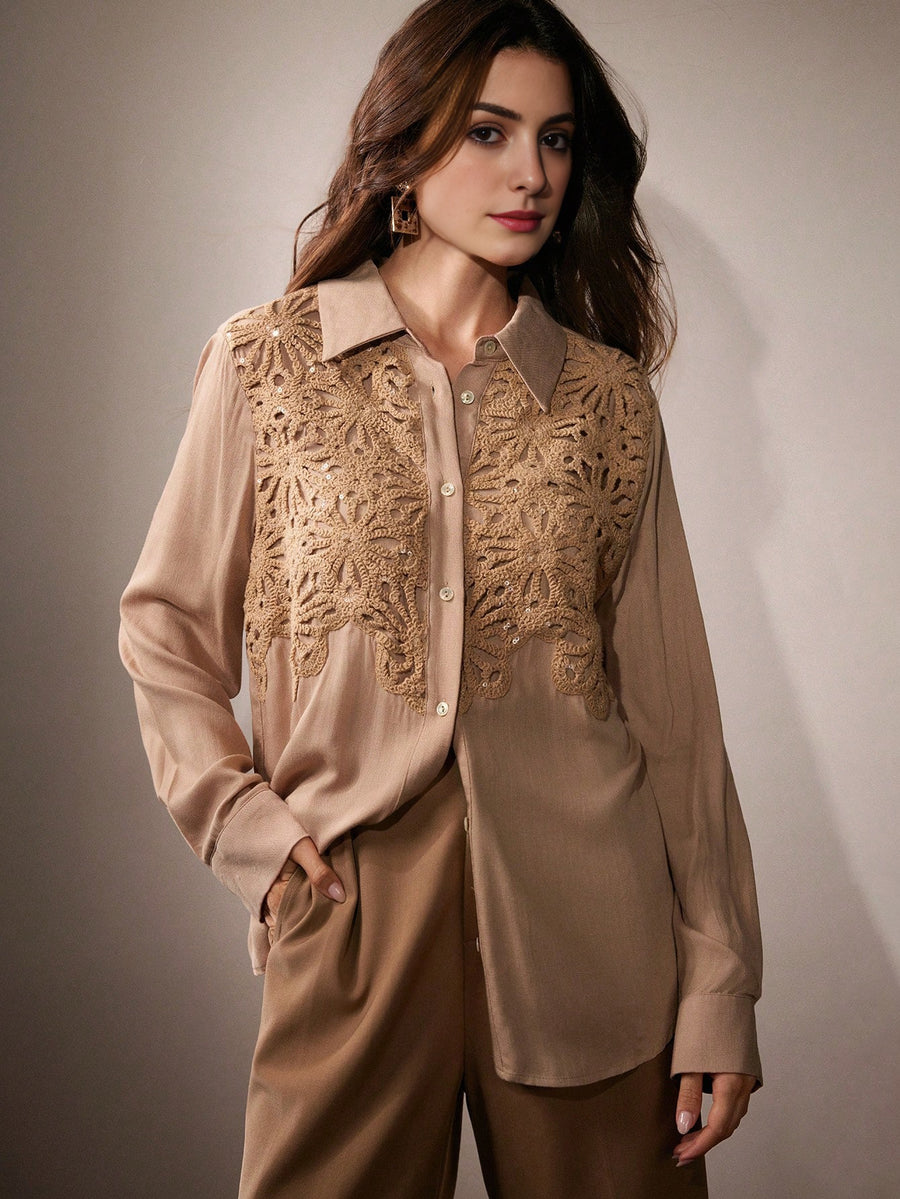 Isabella Casual Apricot Floral Applique Collar Long Sleeve Sequin Splice Chiffon Blouse