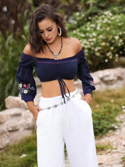 Women's Off-Shoulder Vintage Printed Ruched Fashion Crop Top