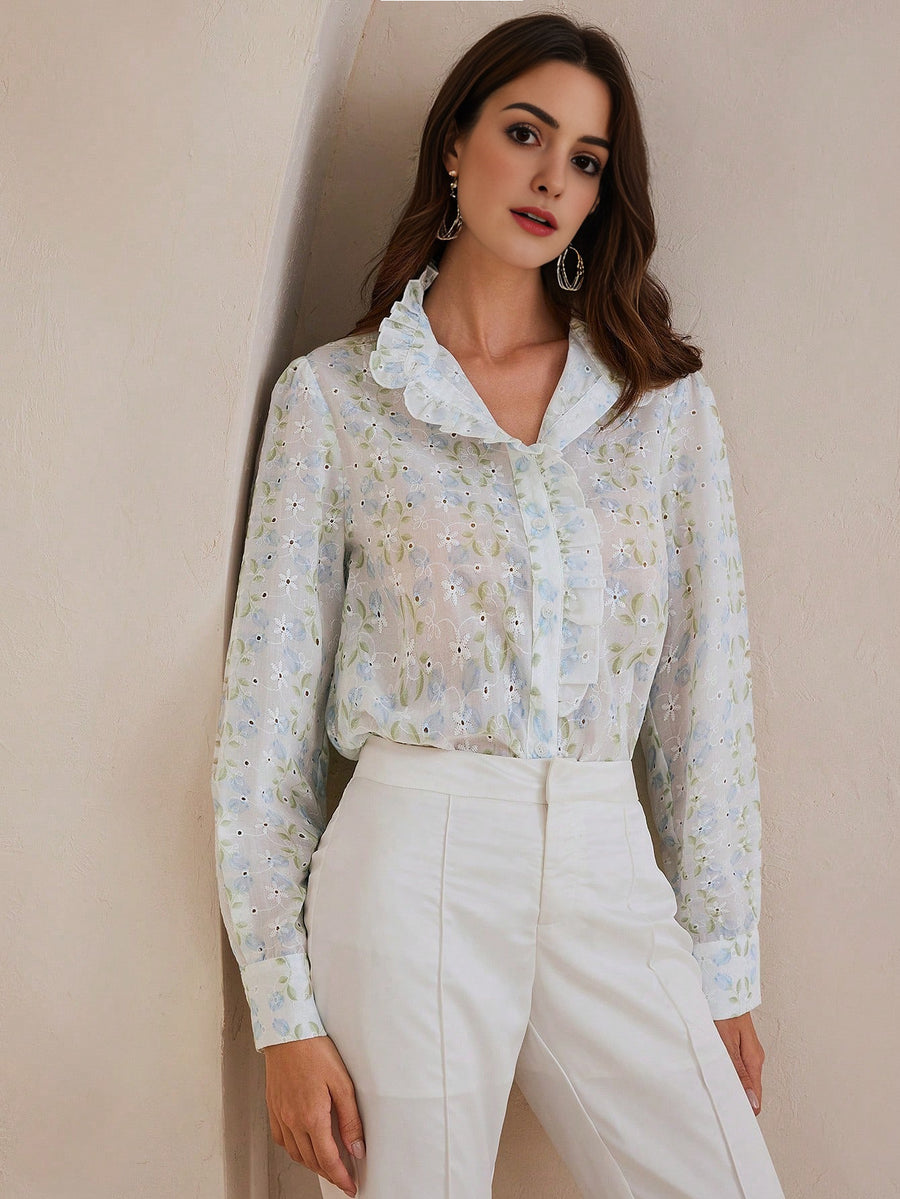 Isabella Floral Stand Collar Long Sleeve Shirt With Ruffle Trim, Palace Style Vacation Casual Blouse