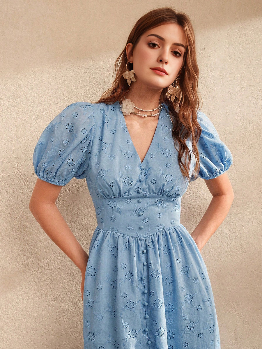 Isabella Blue Embroidered Slit V-Neck Puff Sleeve Elegant Floor-Length Dress