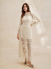 Isabella Women's Elegant Long Sleeve Soluble Lace Hollow Out Embroidered Stand Collar Dress