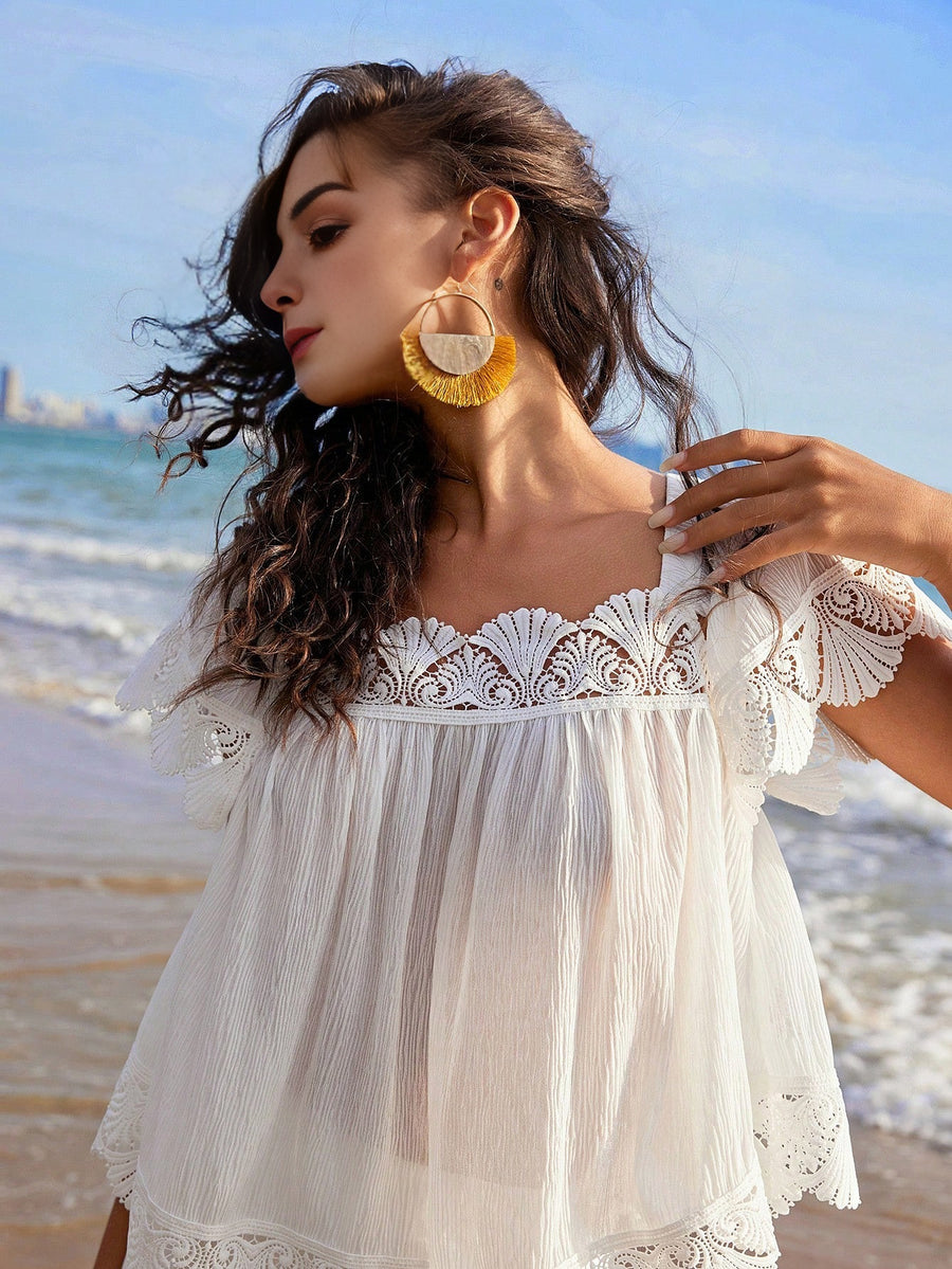 Isabella Vacation Style White Loose Fit Short Sleeve Shirt With Lace Details