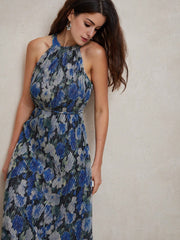 Isabella Crinkled Blue Floral Print Halter Neck Dress