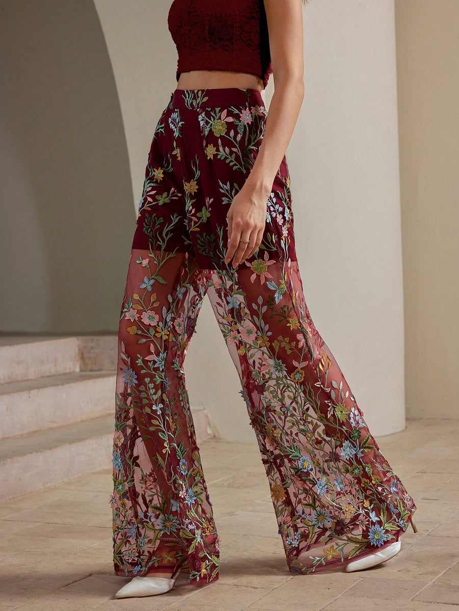 Isabella Semi-Sheer Embroidery Women's Long Pants