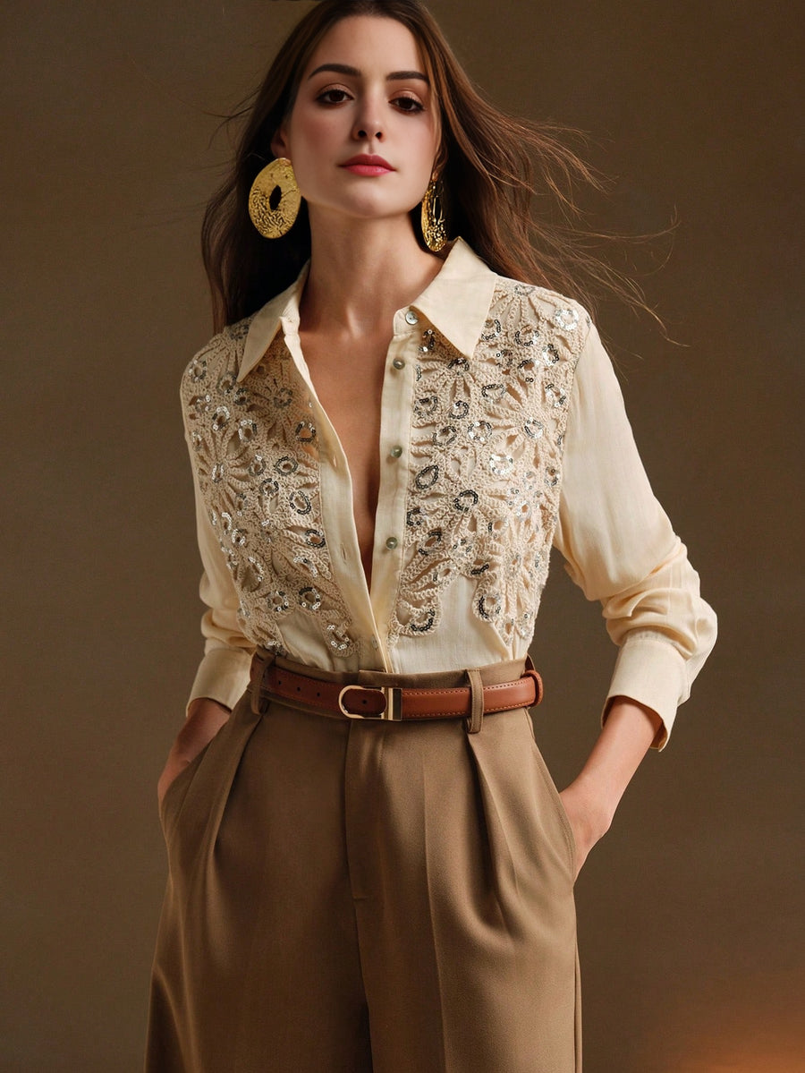 Isabella Casual Apricot Floral Applique Collar Long Sleeve Sequin Splice Chiffon Blouse