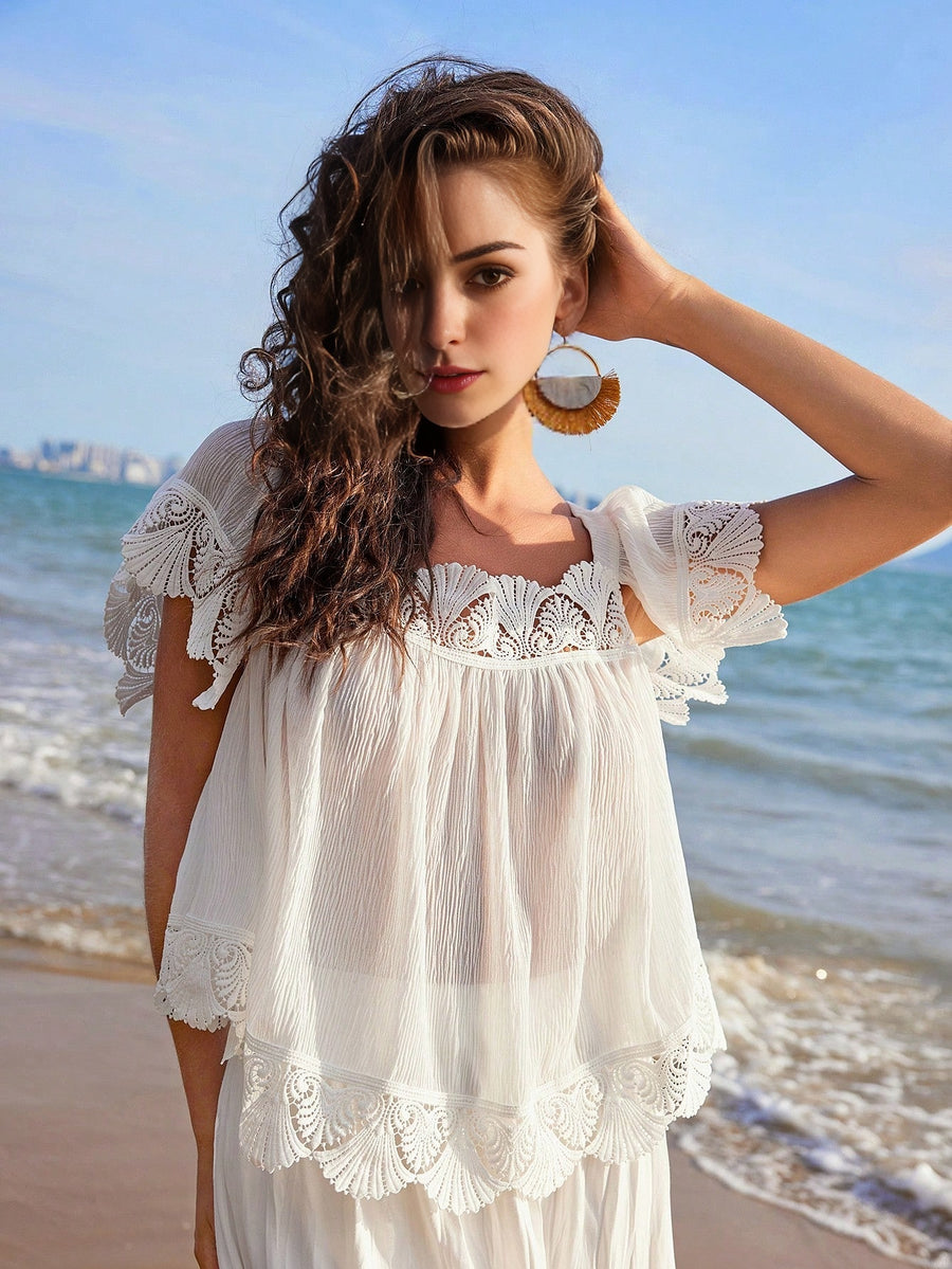 Isabella Vacation Style White Loose Fit Short Sleeve Shirt With Lace Details