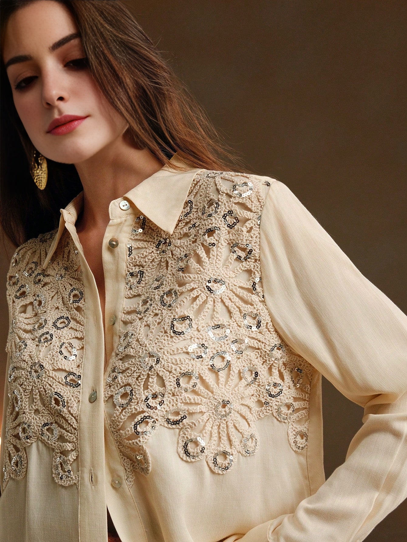 Isabella Casual Apricot Floral Applique Collar Long Sleeve Sequin Splice Chiffon Blouse