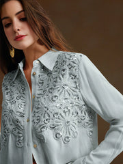 Isabella Casual Apricot Floral Applique Collar Long Sleeve Sequin Splice Chiffon Blouse