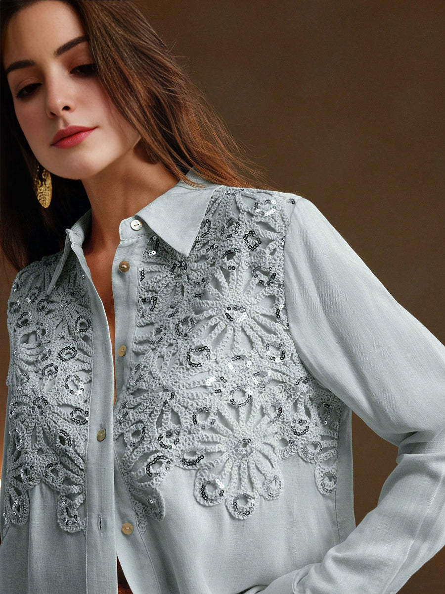 Isabella Casual Apricot Floral Applique Collar Long Sleeve Sequin Splice Chiffon Blouse