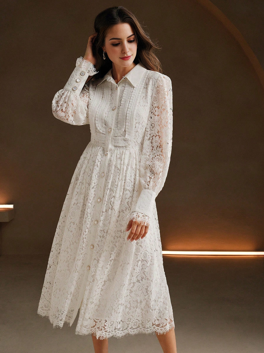 Isabella Lace Hollow Out Lapel Long Sleeve Elegant Dress