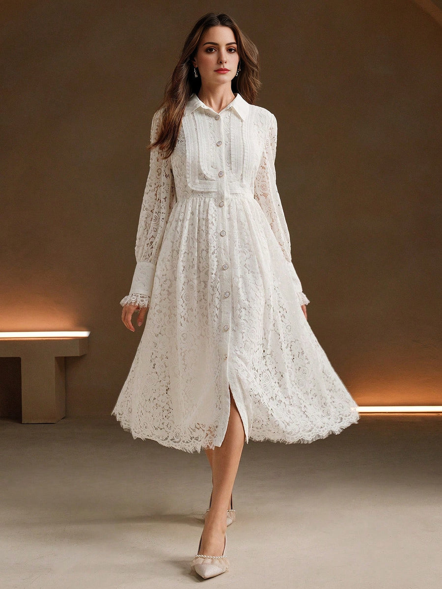 Isabella Lace Hollow Out Lapel Long Sleeve Elegant Dress