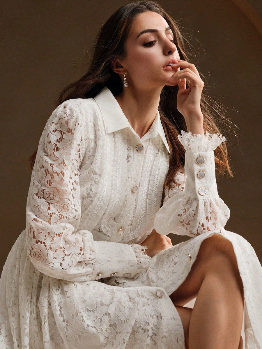 Isabella Lace Hollow Out Lapel Long Sleeve Elegant Dress