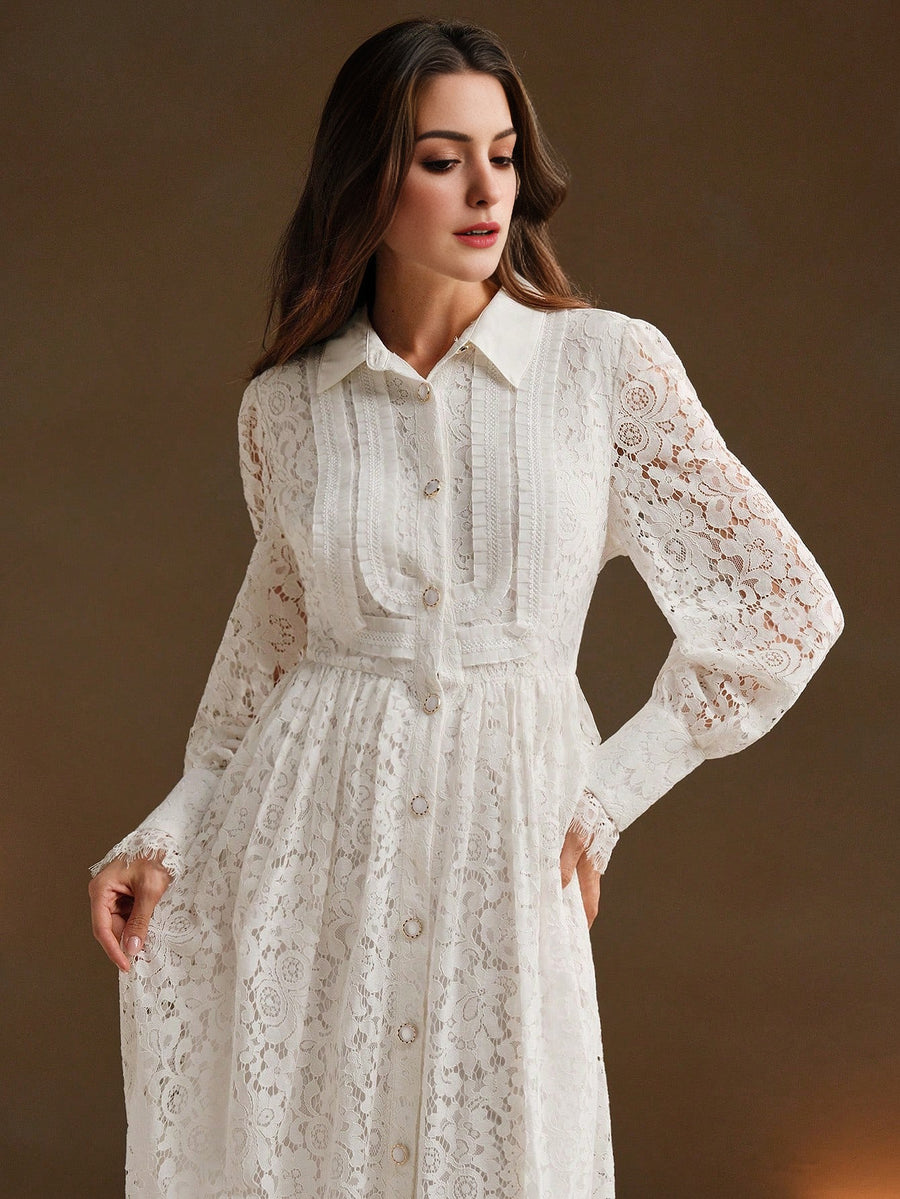 Isabella Lace Hollow Out Lapel Long Sleeve Elegant Dress