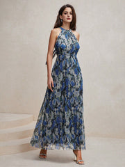 Isabella Crinkled Blue Floral Print Halter Neck Dress