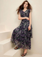 Isabella Summer Casual Floral Printed Ruffle Hem Decorated Midi Dress