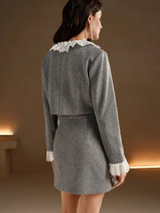 Isabella 2pcs Set: Crew Neck Pearl Embellish Patchwork Jacket + Skirt